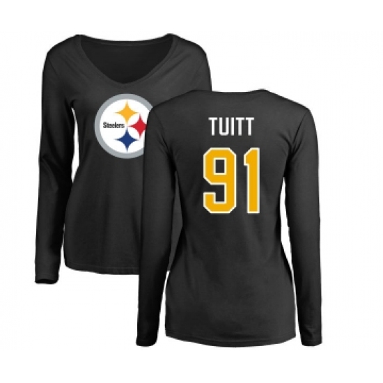 Football Women's Pittsburgh Steelers #91 Stephon Tuitt Black Name & Number Logo Slim Fit Long Sleeve T-Shirt - ujerseystore