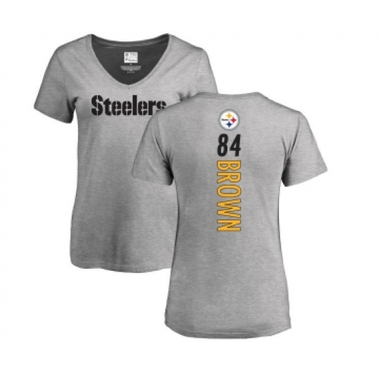 Football Women's Pittsburgh Steelers #84 Antonio Brown Ash Backer V-Neck T-Shirt - ujerseystore