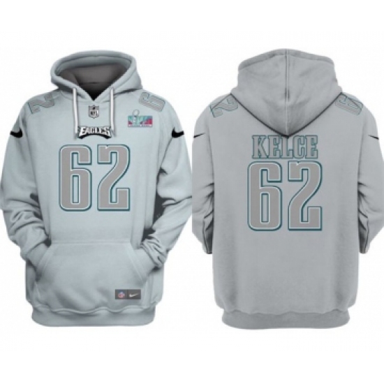 Men's Philadelphia Eagles #62 Jason Kelce Gray Atmosphere Fashion Super Bowl LVII Patch Pullover Hoodie - ujerseystore