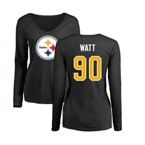 Football Women's Pittsburgh Steelers #90 T. J. Watt Black Name & Number Logo Slim Fit Long Sleeve T-Shirt - ujerseystore