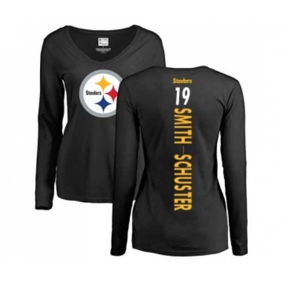 Football Women's Pittsburgh Steelers #19 JuJu Smith-Schuster Black Backer Slim Fit Long Sleeve T-Shirt - ujerseystore
