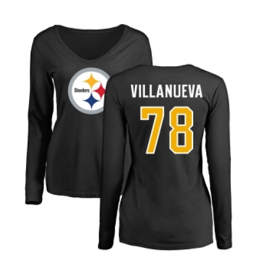 Football Women's Pittsburgh Steelers #78 Alejandro Villanueva Black Name & Number Logo Slim Fit Long Sleeve T-Shirt - ujerseystore