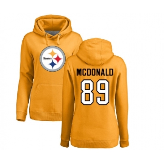 Football Women's Pittsburgh Steelers #89 Vance McDonald Gold Name & Number Logo Pullover Hoodie - ujerseystore