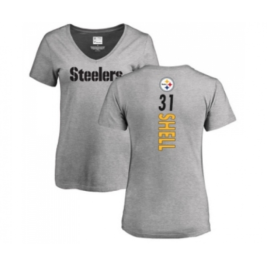 Football Women's Pittsburgh Steelers #31 Donnie Shell Ash Backer V-Neck T-Shirt - ujerseystore