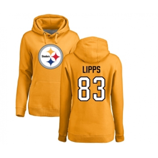 Football Women's Pittsburgh Steelers #83 Louis Lipps Gold Name & Number Logo Pullover Hoodie - ujerseystore