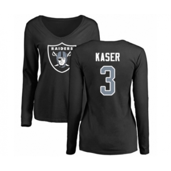 Football Women's Oakland Raiders #3 Drew Kaser Black Name & Number Logo Long Sleeve T-Shirt - ujerseystore