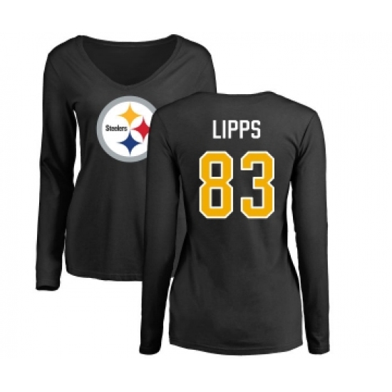 Football Women's Pittsburgh Steelers #83 Louis Lipps Black Name & Number Logo Slim Fit Long Sleeve T-Shirt - ujerseystore
