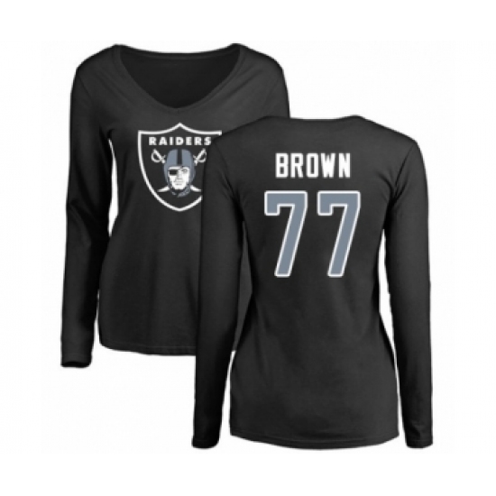 Football Women's Oakland Raiders #77 Trent Brown Black Name & Number Logo Long Sleeve T-Shirt - ujerseystore