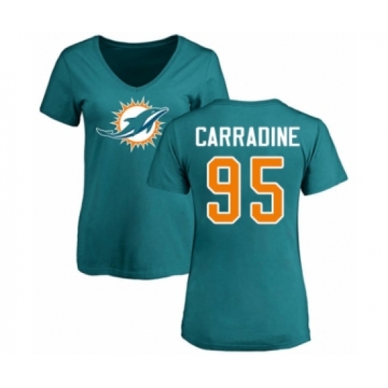Football Women's Miami Dolphins #95 Tank Carradine Aqua Green Name & Number Logo T-Shirt - ujerseystore