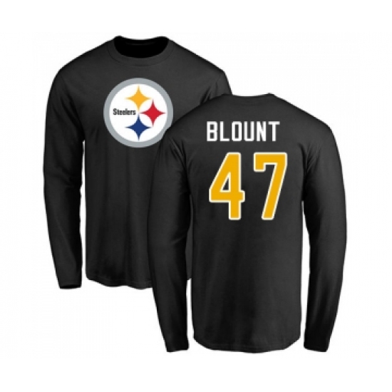 Football Pittsburgh Steelers #47 Mel Blount Black Name & Number Logo Long Sleeve T-Shirt - ujerseystore