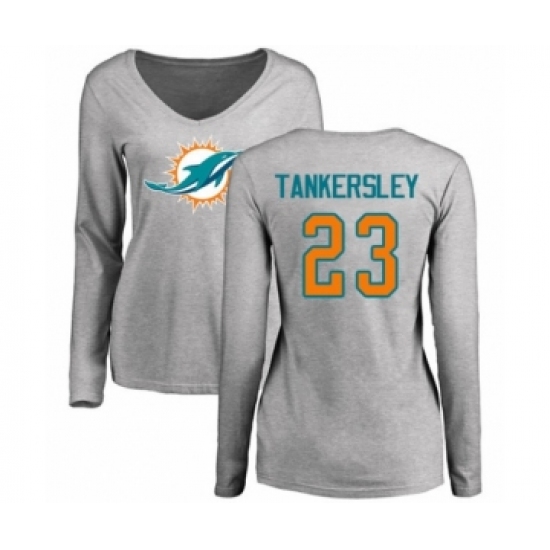 Football Women's Miami Dolphins #23 Cordrea Tankersley Ash Name & Number Logo Long Sleeve T-Shirt - ujerseystore