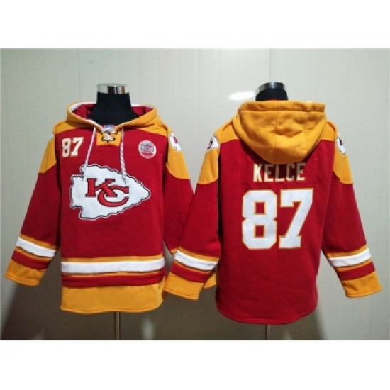 Men's Kansas City Chiefs #87 Travis Kelce Red Lace-Up Pullover Hoodie - ujerseystore