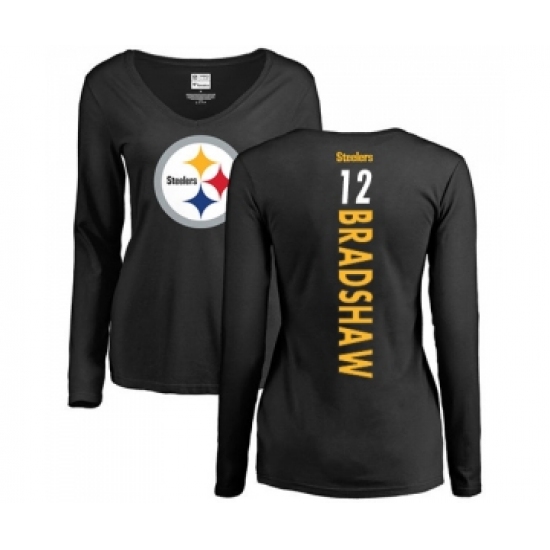Football Women's Pittsburgh Steelers #12 Terry Bradshaw Black Backer Slim Fit Long Sleeve T-Shirt - ujerseystore