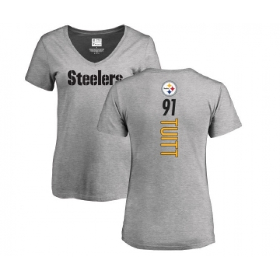 Football Women's Pittsburgh Steelers #91 Stephon Tuitt Ash Backer V-Neck T-Shirt - ujerseystore