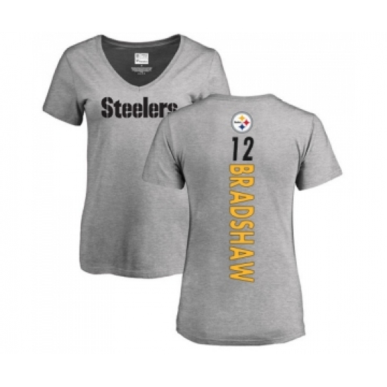 Football Women's Pittsburgh Steelers #12 Terry Bradshaw Ash Backer V-Neck T-Shirt - ujerseystore