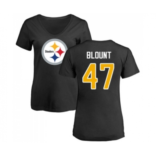 Football Women's Pittsburgh Steelers #47 Mel Blount Black Name & Number Logo Slim Fit T-Shirt - ujerseystore