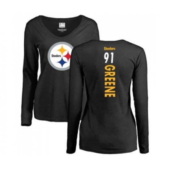 Football Women's Pittsburgh Steelers #91 Kevin Greene Black Backer Slim Fit Long Sleeve T-Shirt - ujerseystore