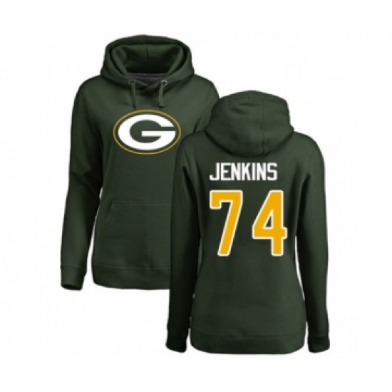 Football Women's Green Bay Packers #74 Elgton Jenkins Green Name & Number Logo Pullover Hoodie - ujerseystore