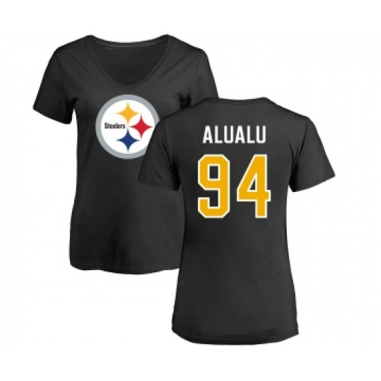 Football Women's Pittsburgh Steelers #94 Tyson Alualu Black Name & Number Logo Slim Fit T-Shirt - ujerseystore