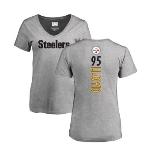Football Women's Pittsburgh Steelers #95 Greg Lloyd Ash Backer V-Neck T-Shirt - ujerseystore