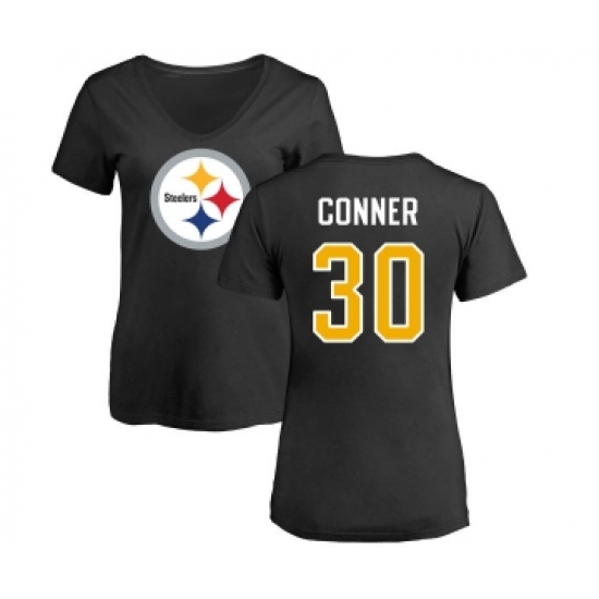 Football Women's Pittsburgh Steelers #30 James Conner Black Name & Number Logo Slim Fit T-Shirt - ujerseystore