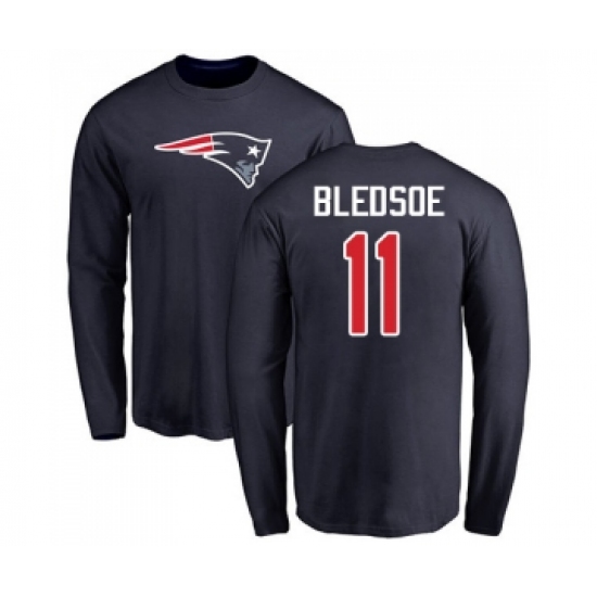 Football New England Patriots #11 Drew Bledsoe Navy Blue Name & Number Logo Long Sleeve T-Shirt - ujerseystore