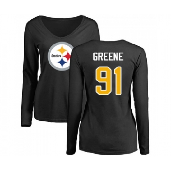 Football Women's Pittsburgh Steelers #91 Kevin Greene Black Name & Number Logo Slim Fit Long Sleeve T-Shirt - ujerseystore