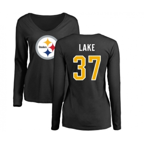 Football Women's Pittsburgh Steelers #37 Carnell Lake Black Name & Number Logo Slim Fit Long Sleeve T-Shirt - ujerseystore