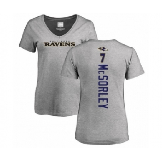 Football Women's Baltimore Ravens #7 Trace McSorley Ash Backer V-Neck T-Shirt - ujerseystore