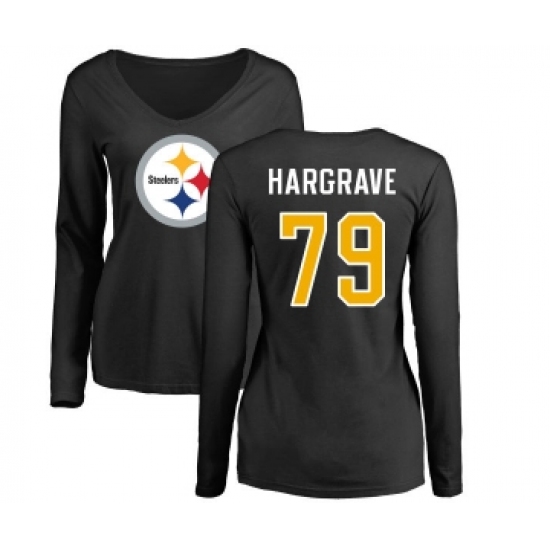 Football Women's Pittsburgh Steelers #79 Javon Hargrave Black Name & Number Logo Slim Fit Long Sleeve T-Shirt - ujerseystore