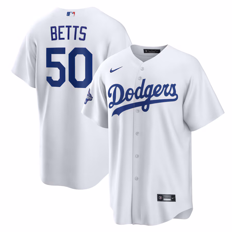 Men's Los Angeles Dodgers Mookie Betts Nike White Home 2025 World Series Champions Replica Jersey - ujerseystore