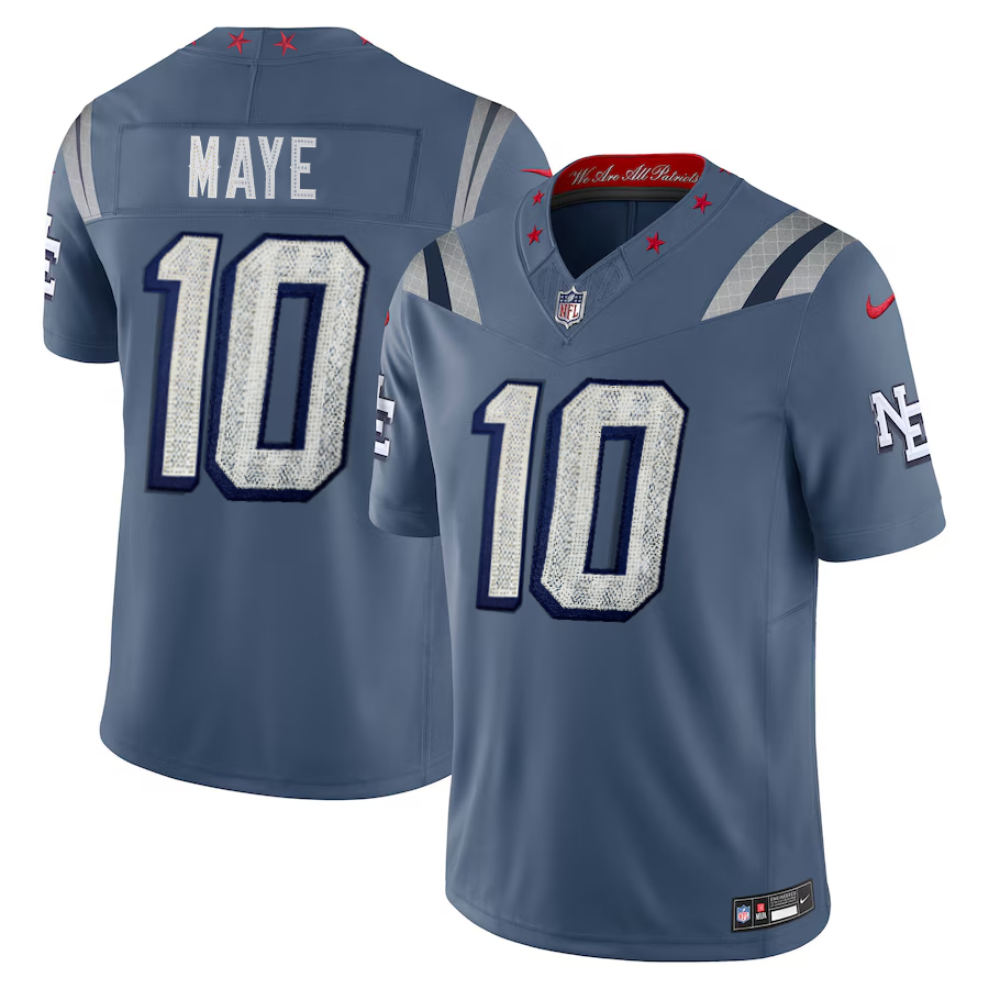 [Diamond-Studded Collector's Edition] New England Patriots Drake Maye Nike Storm Blue 2025 Rivalries Collection Game Jersey - ujerseystore