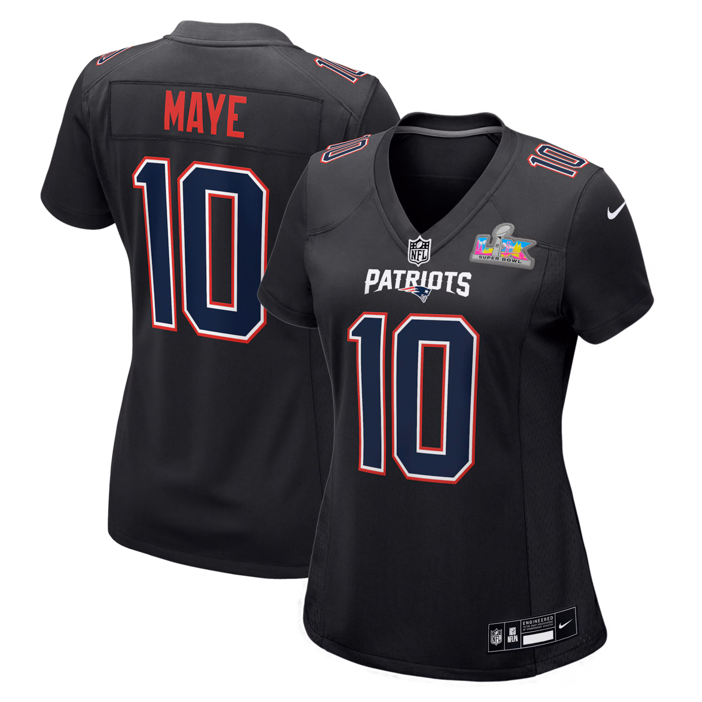 Women's New England Patriots Drake Maye Nike Black Super Bowl LX Patch Carbon Fashion Game Jersey - ujerseystore