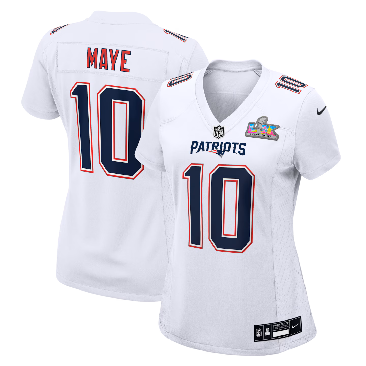 Women's New England Patriots Drake Maye Nike White Super Bowl LX Patch Tundra Fashion Game Jersey - ujerseystore