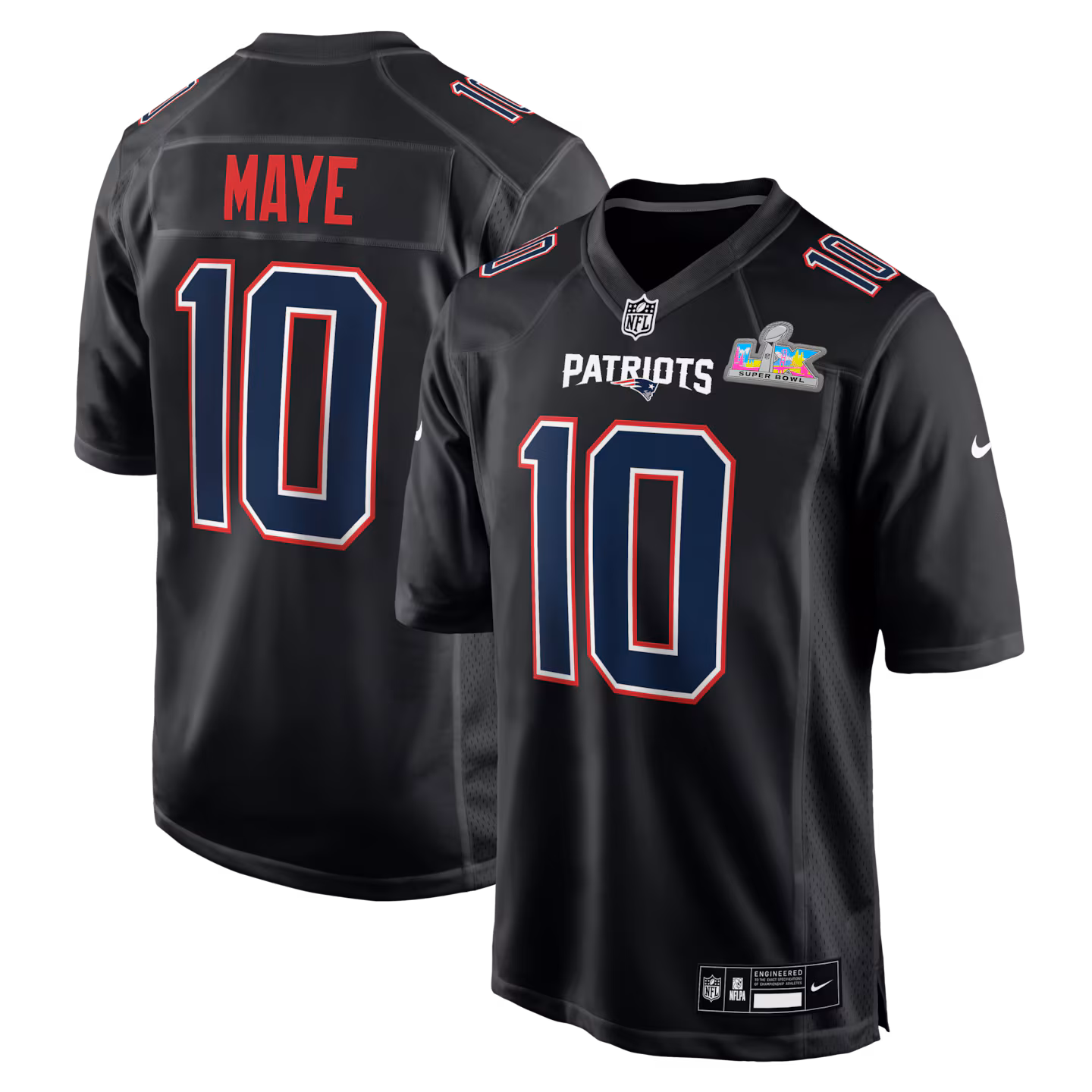 Men's New England Patriots Drake Maye Nike Black Super Bowl LX Patch Carbon Fashion Game Jersey - ujerseystore