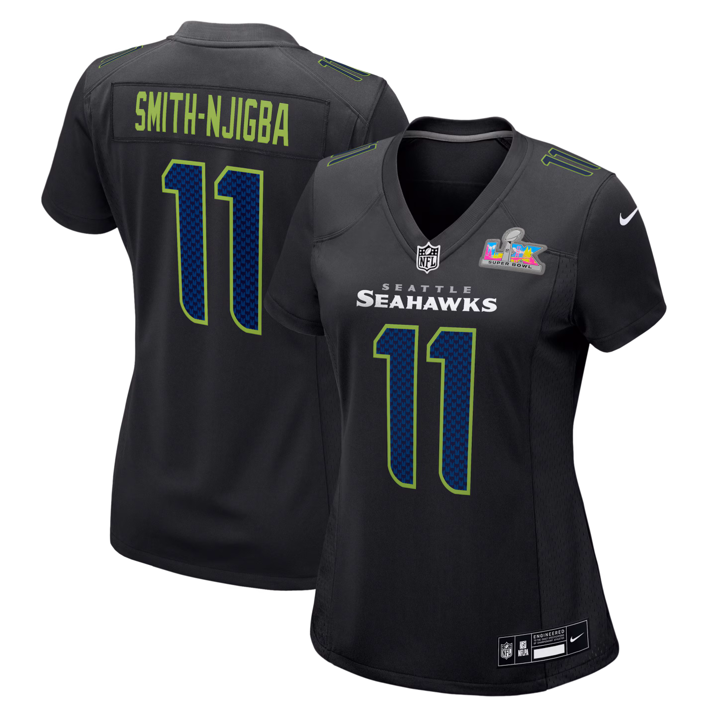 Women's Seattle Seahawks Jaxon Smith-Njigba Nike Black Super Bowl LX Patch Carbon Fashion Game Jersey - ujerseystore