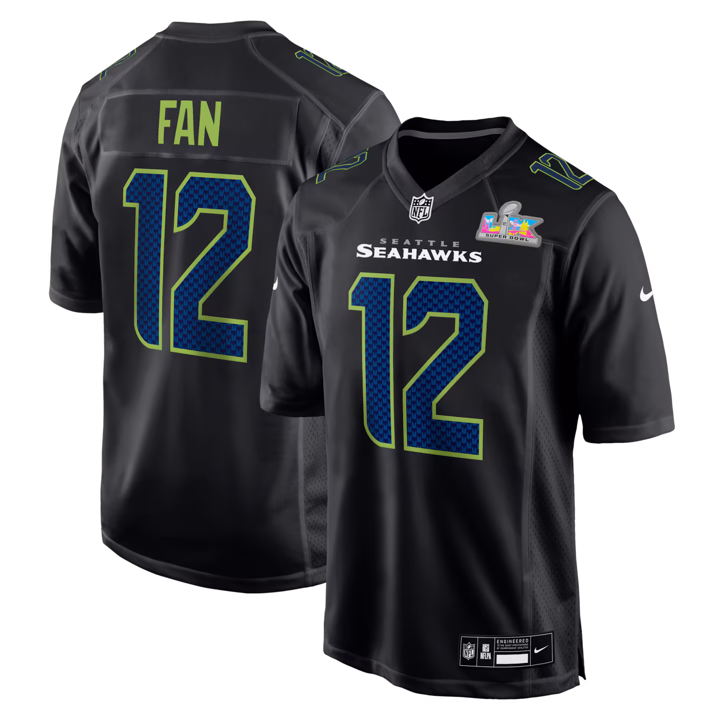 Men's Seattle Seahawks 12s Nike Black Super Bowl LX Patch Carbon Fashion Game Jersey - ujerseystore