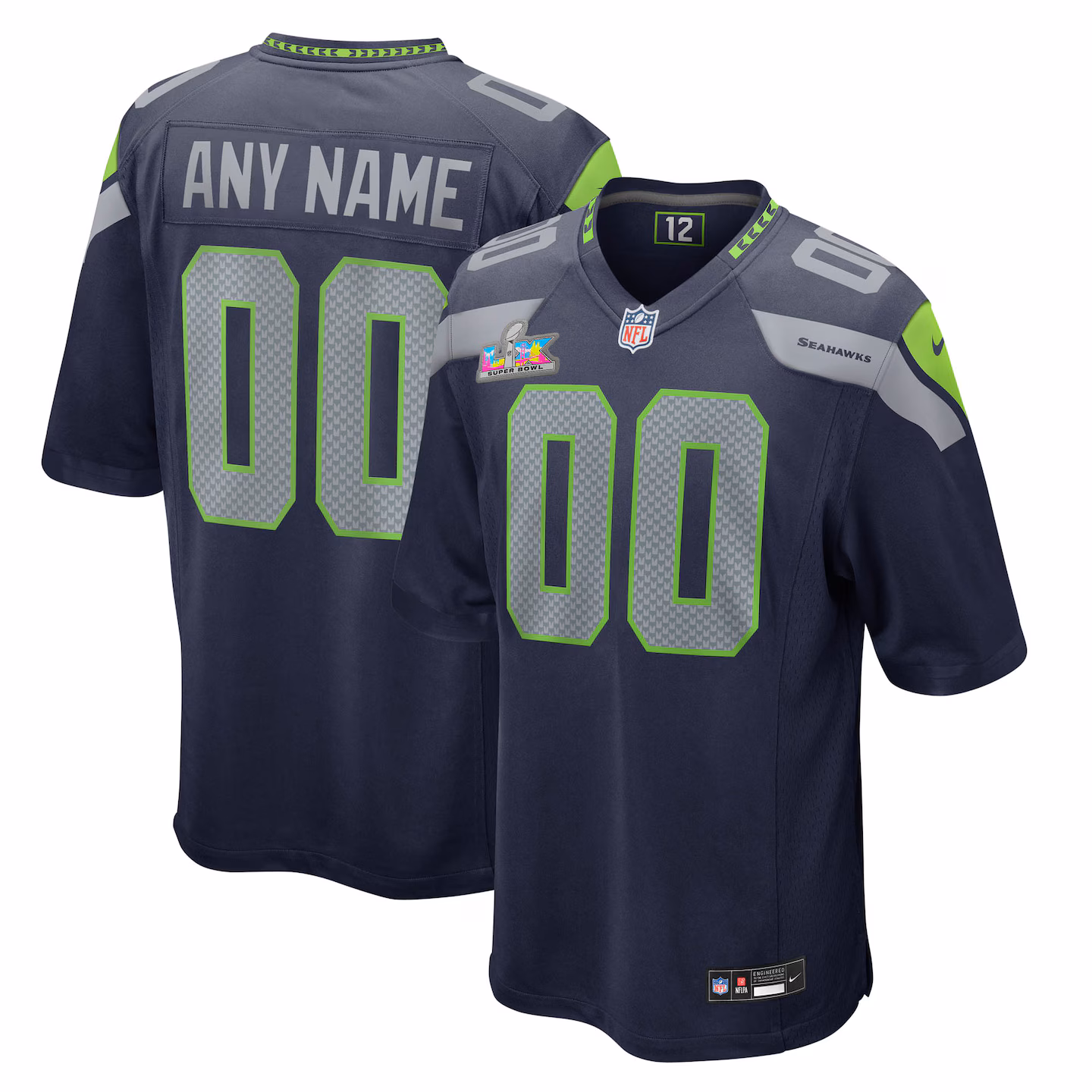 Men's Seattle Seahawks Nike College Navy Super Bowl LX Patch Custom Game Jersey - ujerseystore