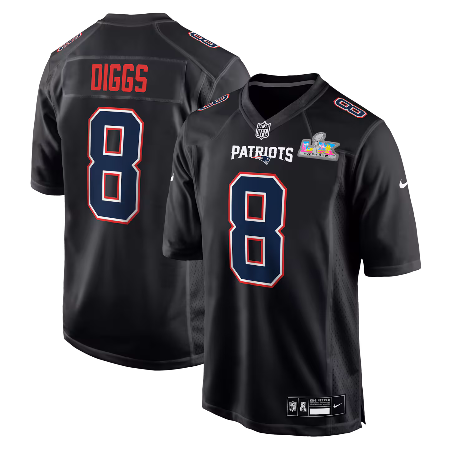 Men's New England Patriots Stefon Diggs Nike Black Super Bowl LX Patch Carbon Fashion Game Jersey - ujerseystore