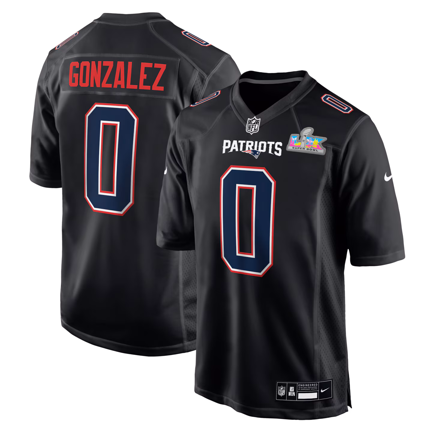Men's New England Patriots Christian Gonzalez Nike Black Super Bowl LX Patch Carbon Fashion Game Jersey - ujerseystore