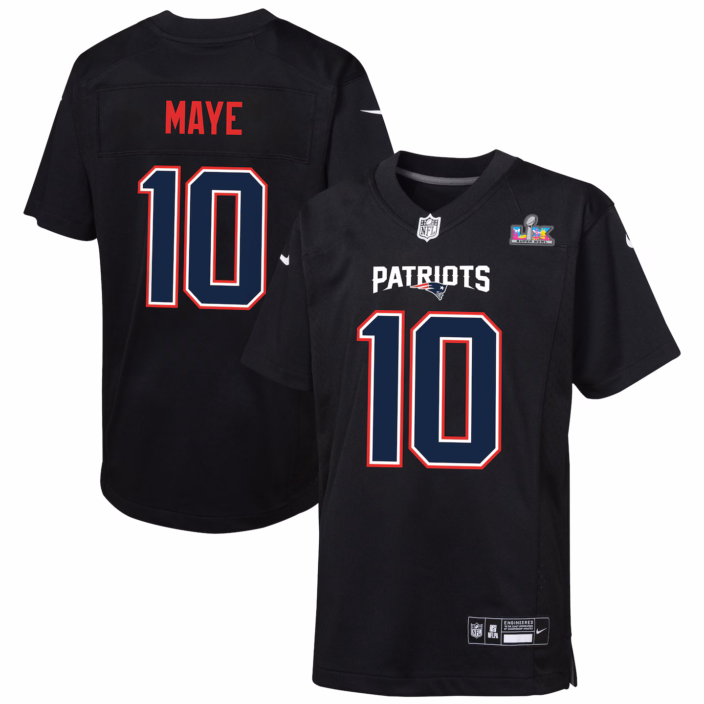 Youth New England Patriots Drake Maye Nike Black Super Bowl LX Patch Carbon Fashion Game Jersey - ujerseystore