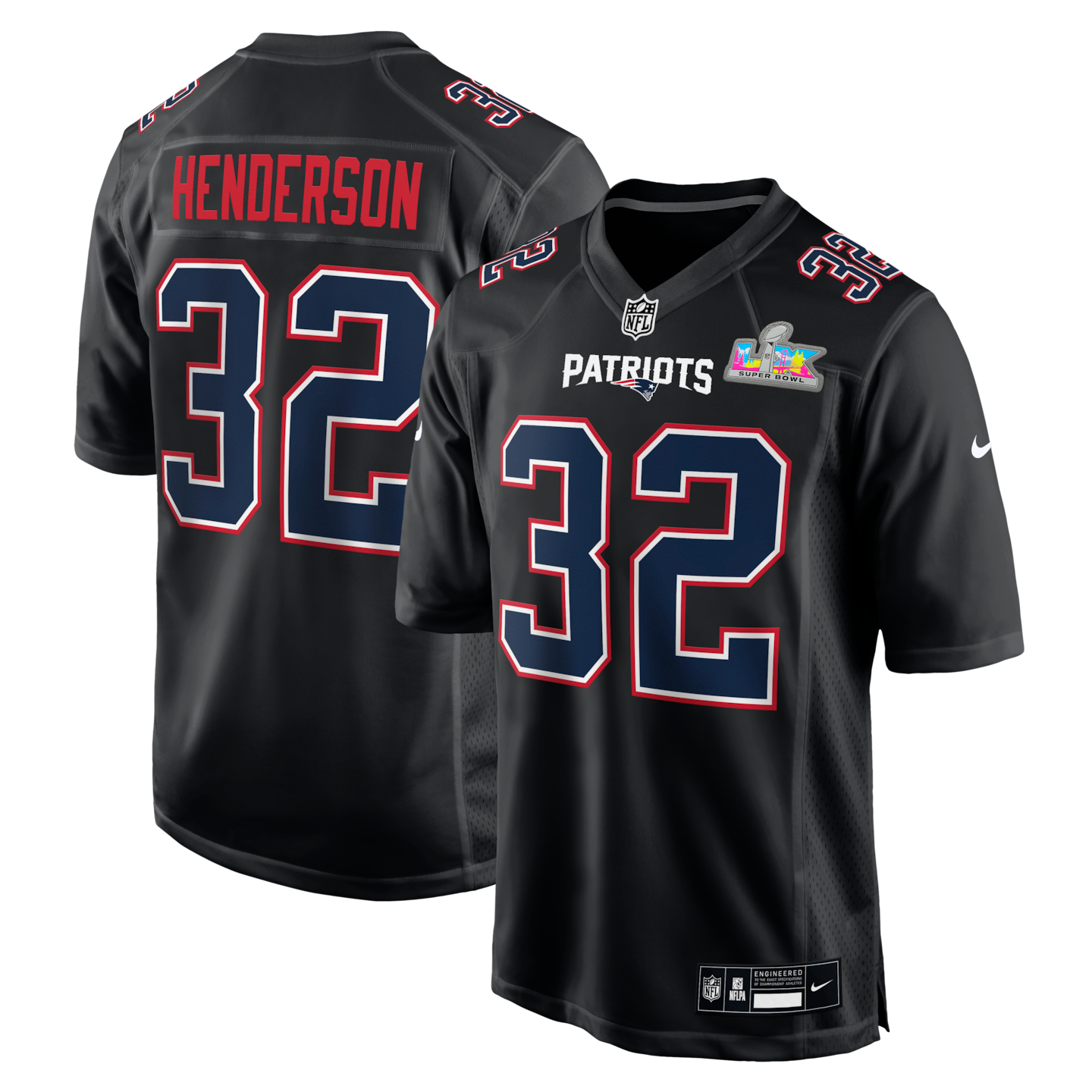 Men's New England Patriots TreVeyon Henderson Nike Black Super Bowl LX Patch Carbon Fashion Game Jersey - ujerseystore